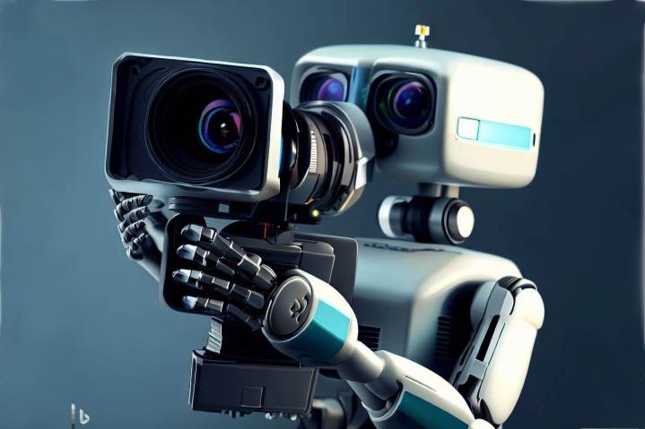 Robot holding a video camera, generated by Bing.