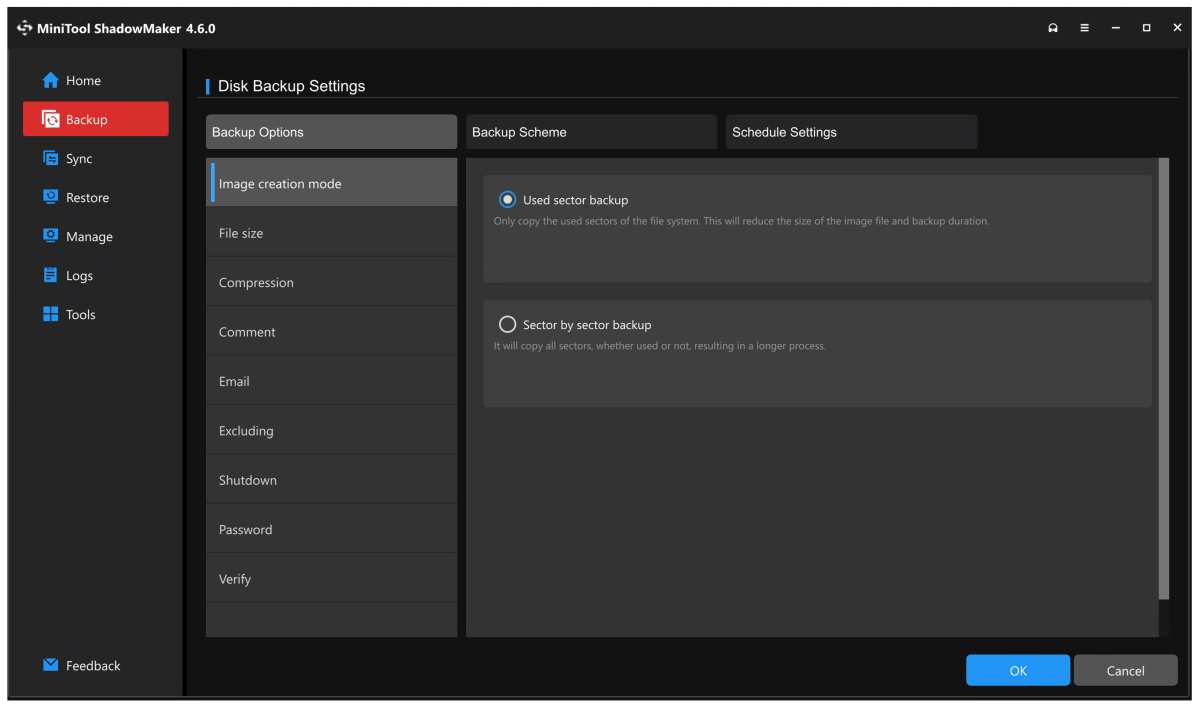 alt text: MiniTool ShadowMaker Pro 4.6 offers full, incremental, and differential imaging of data sectors or all sectors.