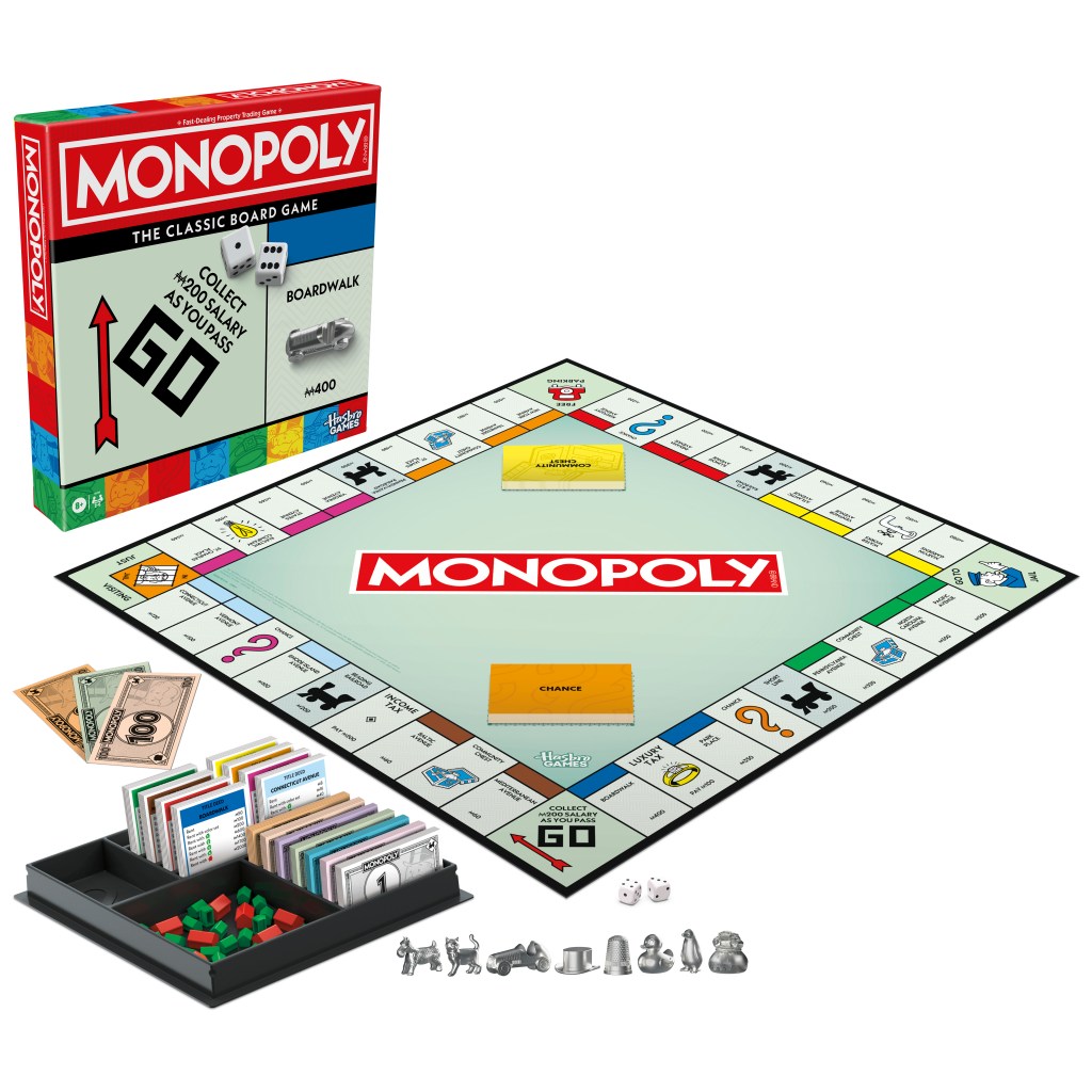 alt text: The new Monopoly box with updated design and components.