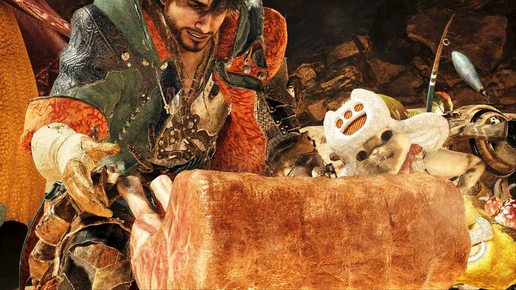 alt: A hunter in Monster Hunter Wilds cooking meat over a campfire at a campsite.