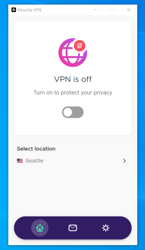 Mozilla VPN homescreen