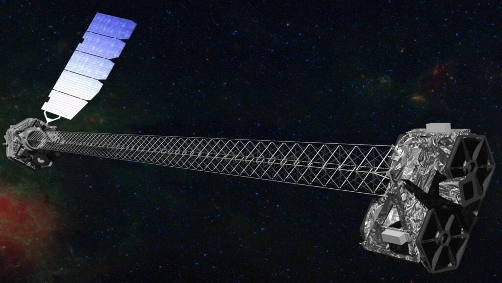 An artist’s illustration of NASA’s NuSTAR X-ray telescope in space.