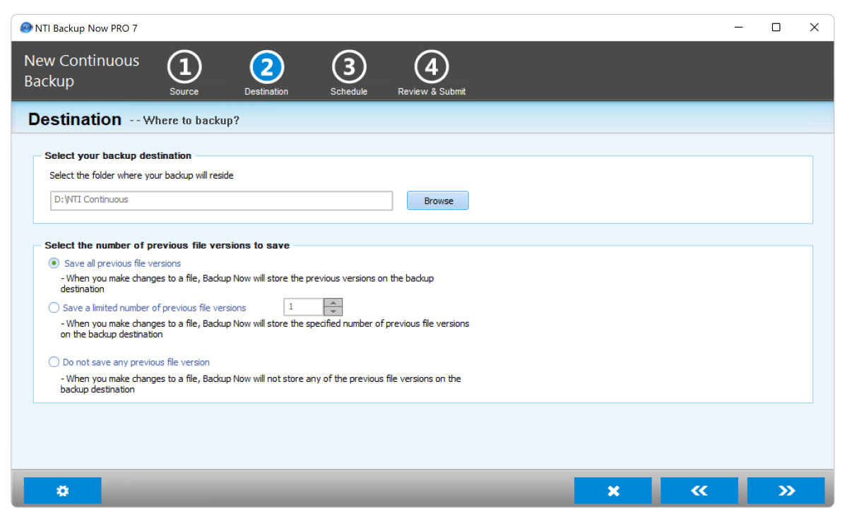 alt text: NTI Backup Now Pro 7’s wizard-like interface guides you through creating a backup job.