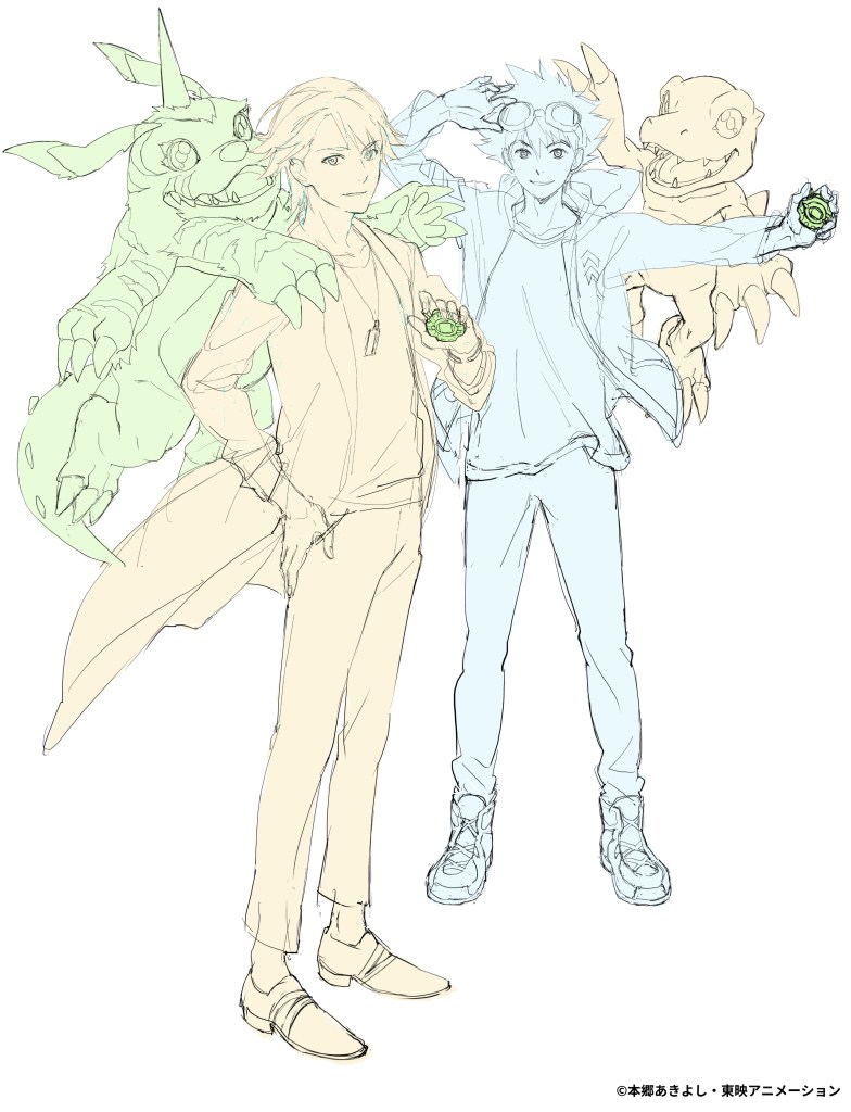 alt text: Tai and Matt, the main characters of Digimon Adventure, are shown in their adult designs for the new anime special, Digimon Adventure: Beyond. They appear older than in previous iterations, marking the 25th anniversary of the series.