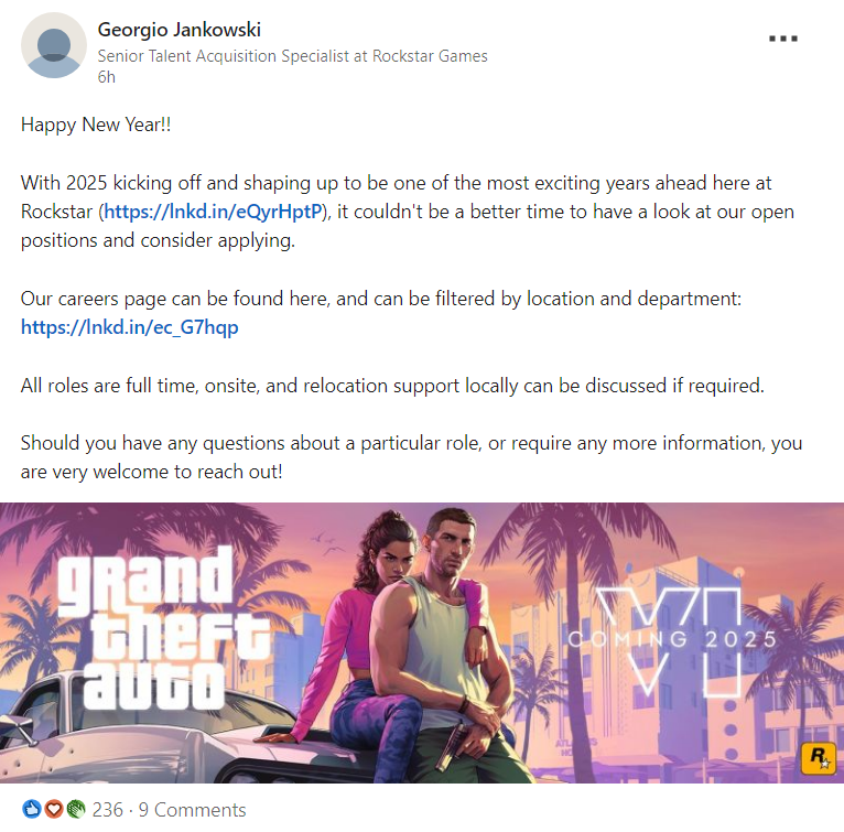 alt text: A screenshot of a LinkedIn post by Georgio Jankowski, a Rockstar Games recruiter, hinting at an exciting 2025 for the company.