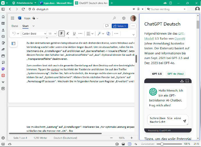 Open tabs displayed as tiles in Vivaldi browser, demonstrating how to use ChatGPT with Microsoft 365 online.