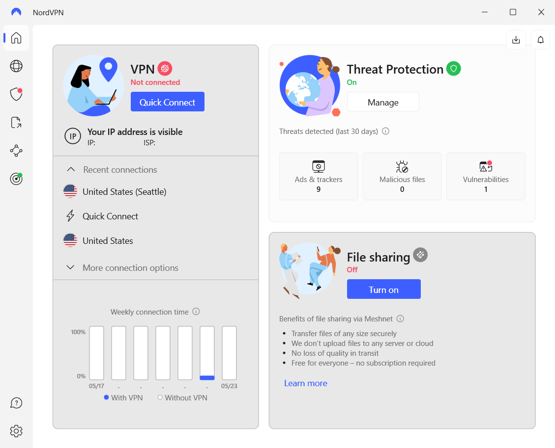 NordVPN’s homescreen shows information about your VPN, Threat Protection, and File Sharing.