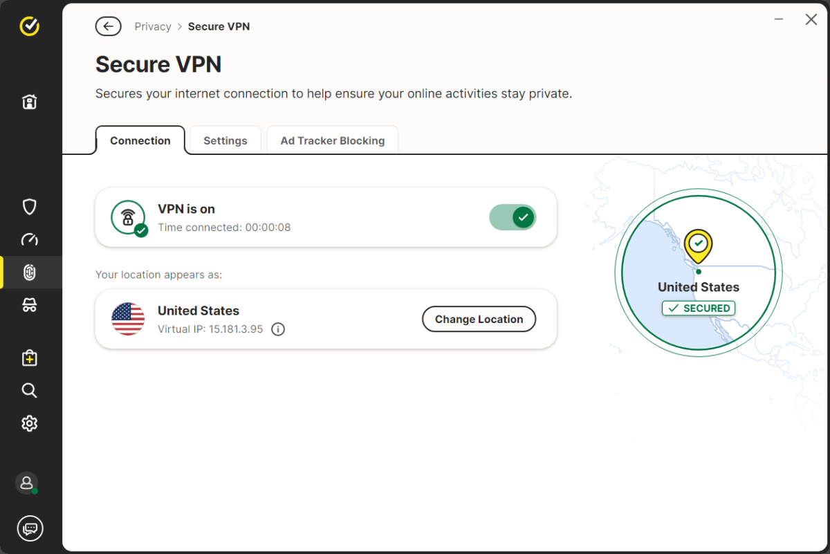 Norton Secure VPN homescreen