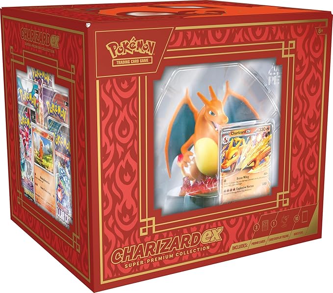 alt: The Pokemon TCG Charizard ex Super Premium Collection box featuring a Charizard ex card and a Charizard statue.