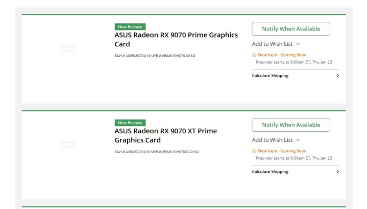 Screenshot of the B&H website showing RX 9070 XT preorders.