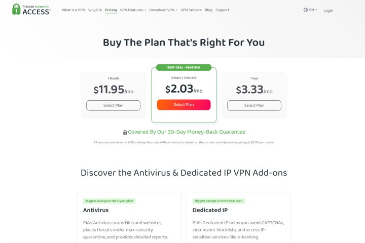 alt: Private Internet Access (PIA) offers three straightforward subscription plans.