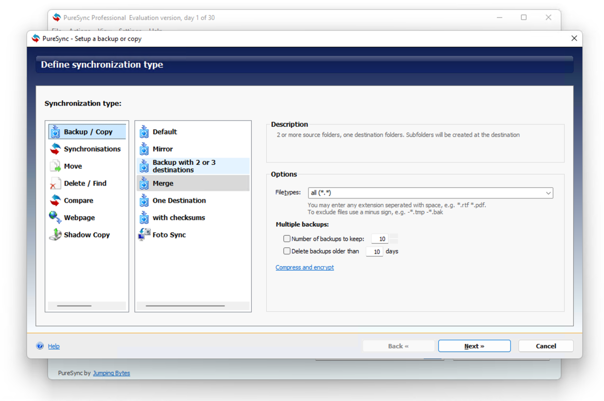 PureSync's interface and options