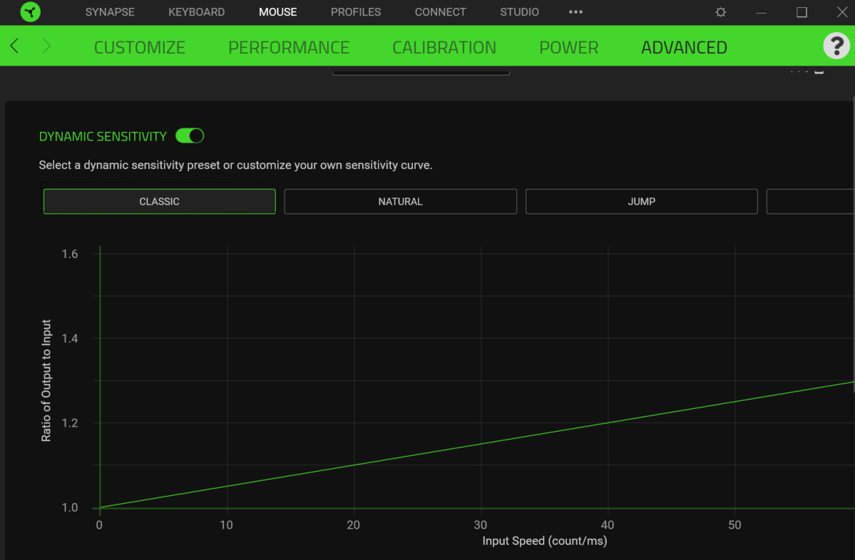 alt text: Dynamic Sensitivity can be switched on in the Razer Synaspe app.