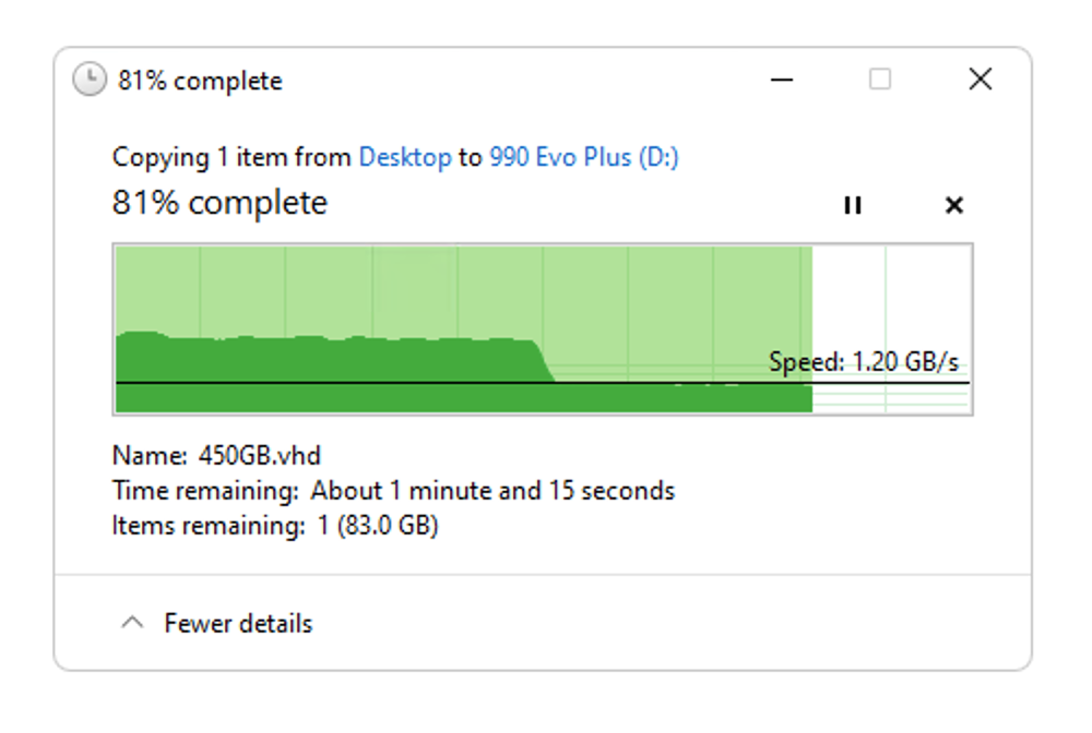 alt text showcasing a graph illustrating the sustained write speed of the samsung 990 evo plus during a prolonged write operation, highlighting its consistent performance.