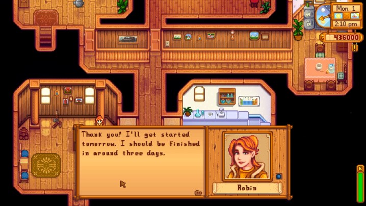 Robin in Stardew Valley getting ready to upgrade a house.