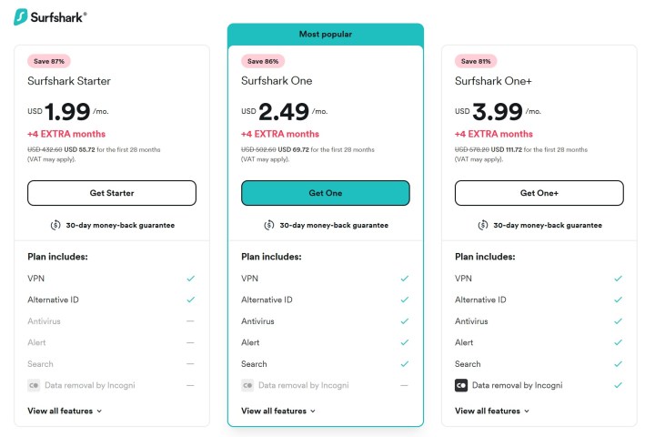 Surfshark offers three tiers, each available as a monthly, annual, and two-year subscription (shown).