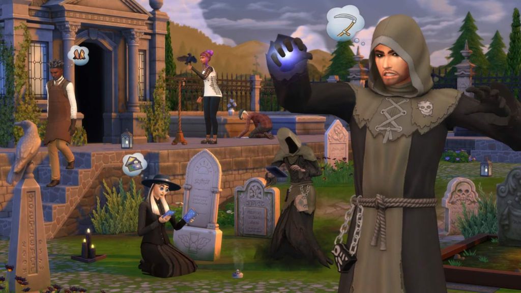 alt text: A Sim dressed as the Grim Reaper stands in a graveyard.