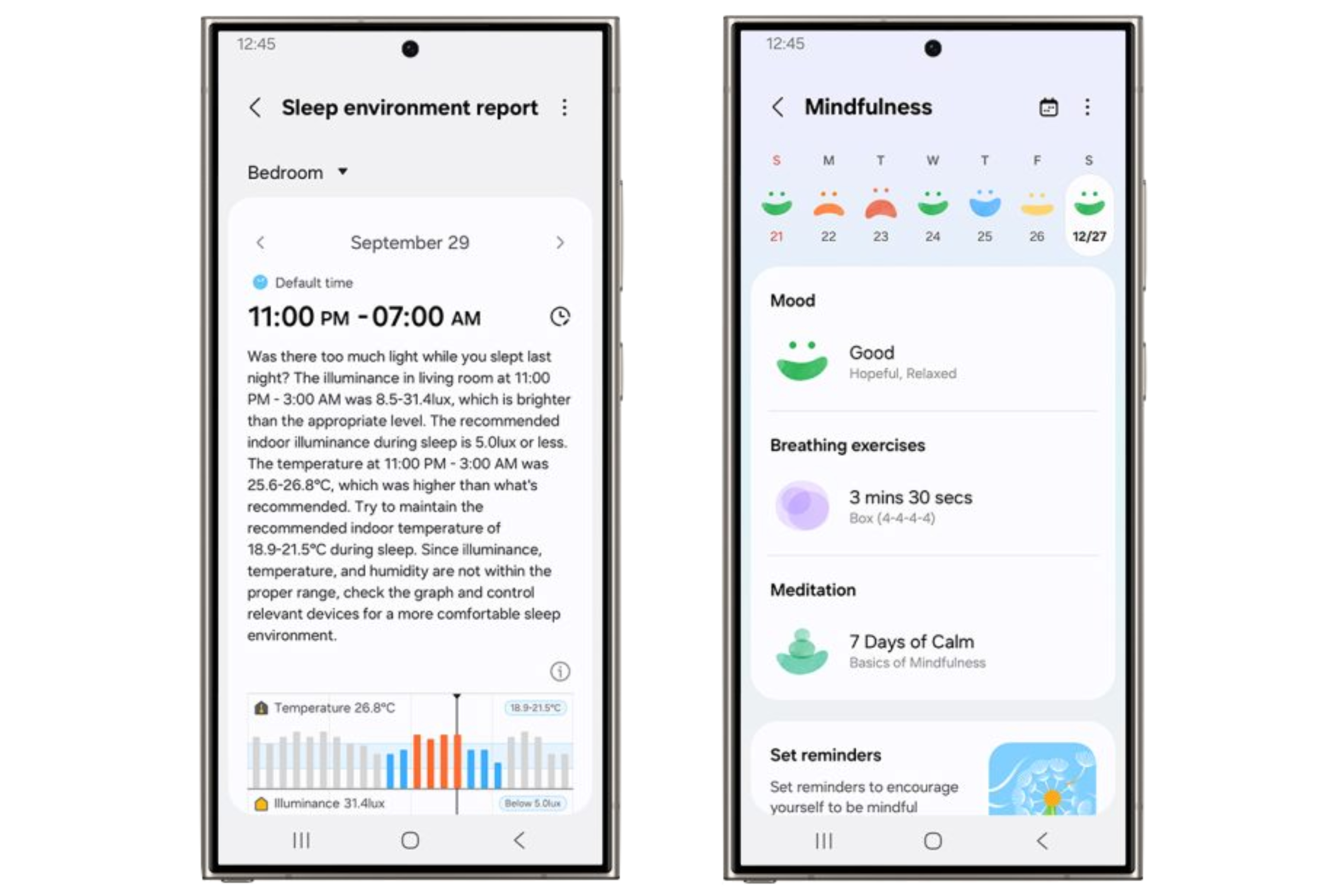 Screenshots of the Sleep environment report and Mindfulness features in Samsung Health.