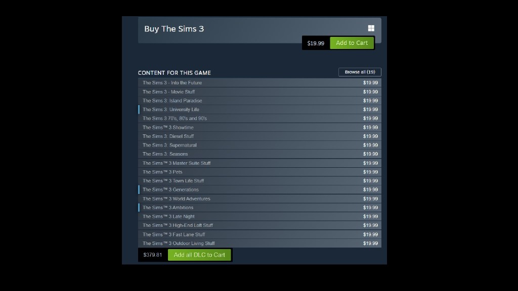 alt text: The cost of The Sims 3 and all its DLC on Steam.