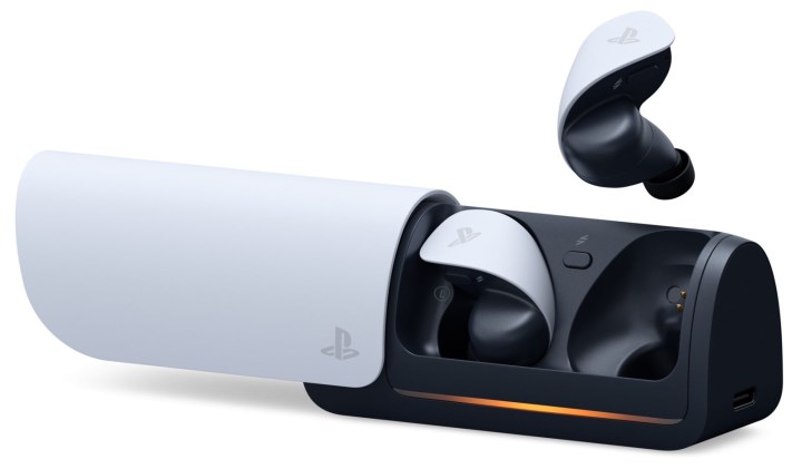 alt: Sony Pulse Explore Wireless Earbuds next to a PlayStation Portal