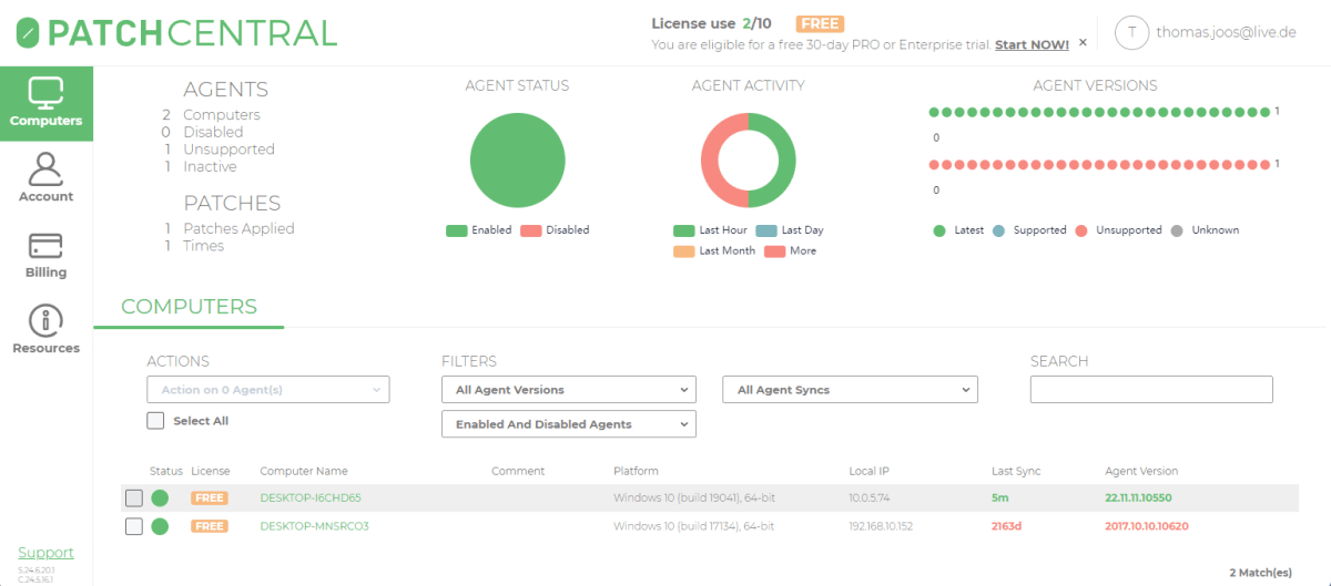 Managing PCs connected to 0Patch