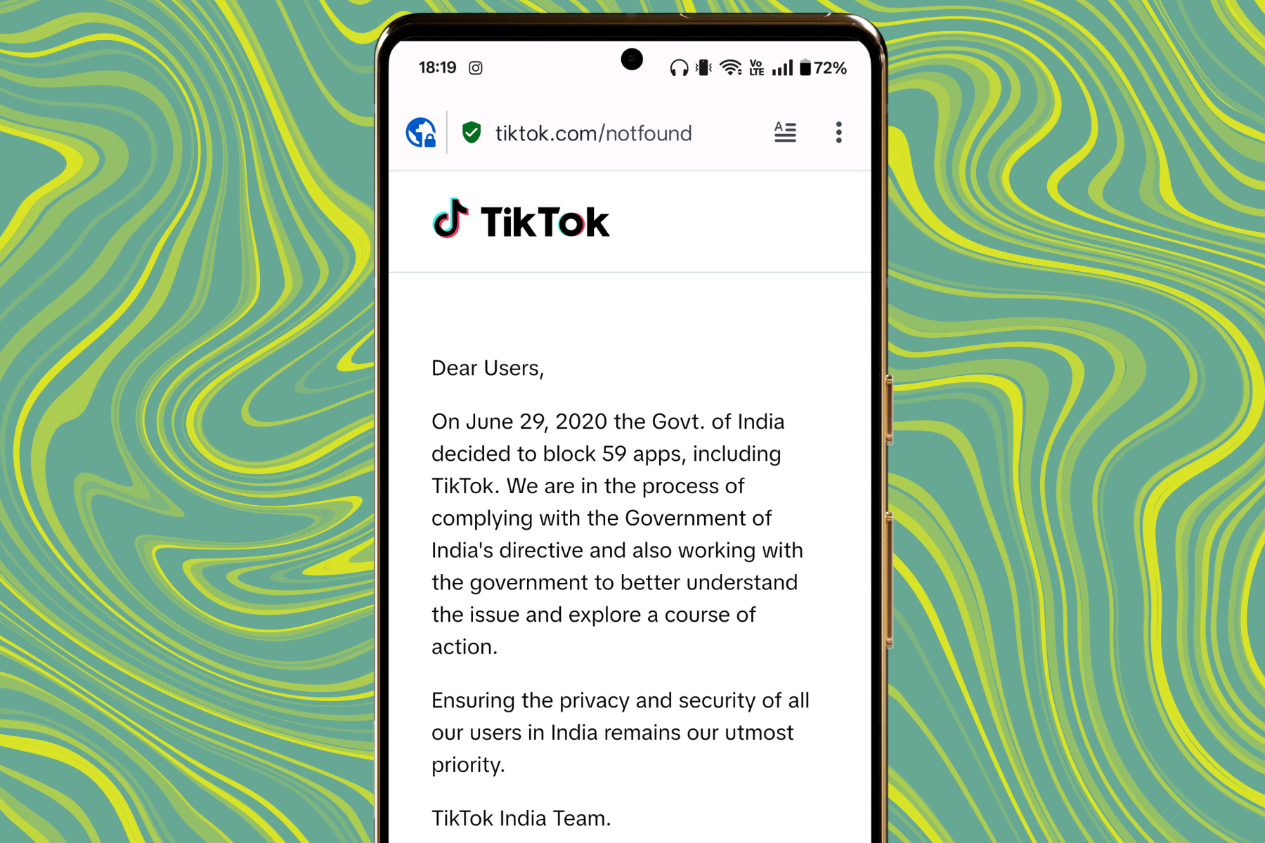 Error message displayed when attempting to access TikTok in a banned region.