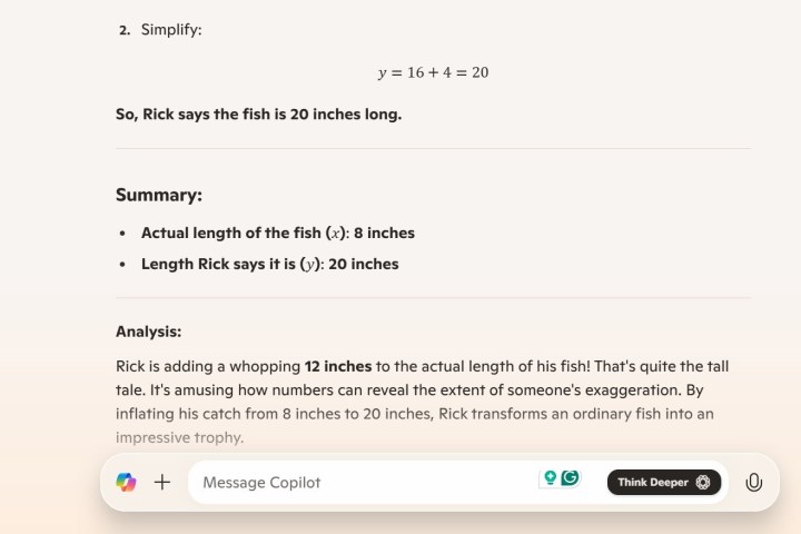 alt: Screenshot of Microsoft Copilot's response to a math problem with the Think Deeper feature activated, showing a more in-depth analysis.