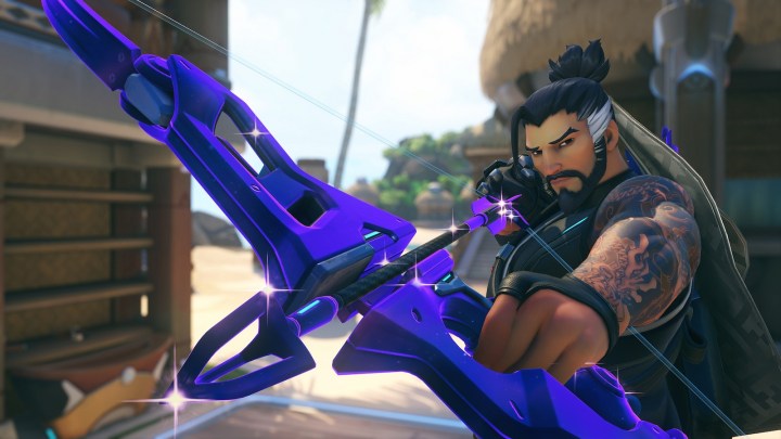 Hanzo shooting his bow in Overwatch 2.