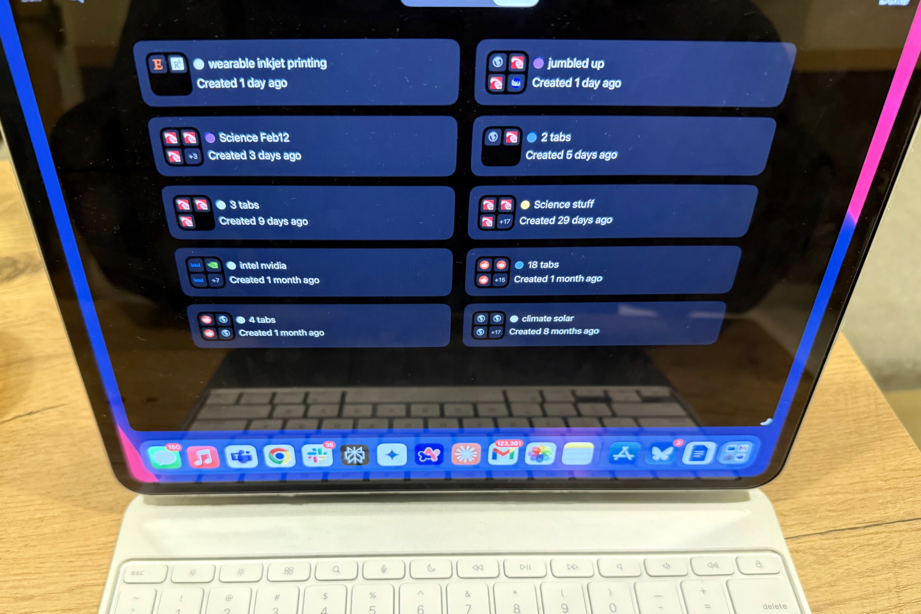 alt text: Synced Chrome tab groups displayed in a two-column format on an iPad.
