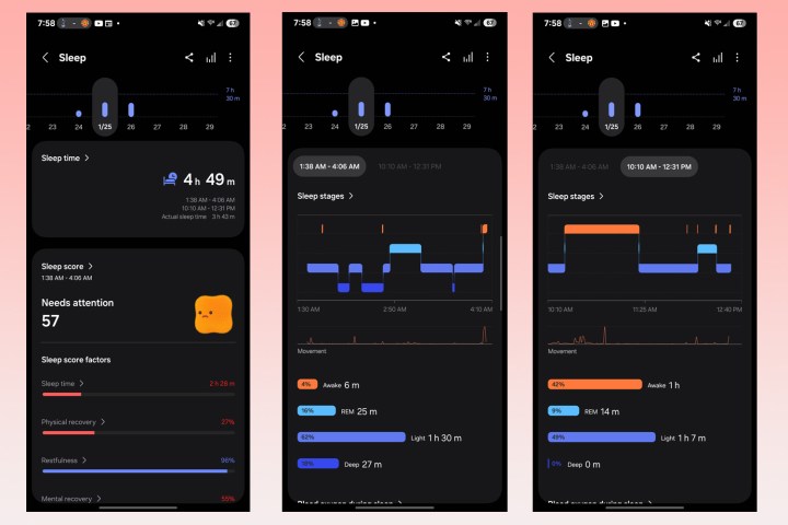 Alt: Sleep data from the Samsung Galaxy Ring app, detailing sleep stages and time spent asleep.