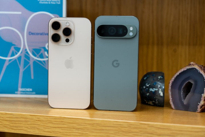 Back of the iPhone 16 Pro next to the Pixel 9 Pro