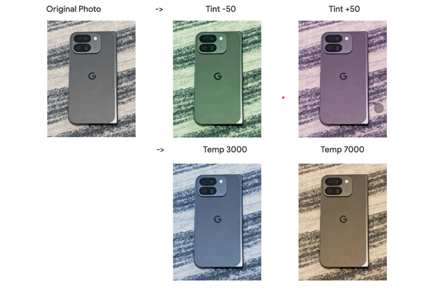 Preview of tint and temperature control in android 16 camera app.