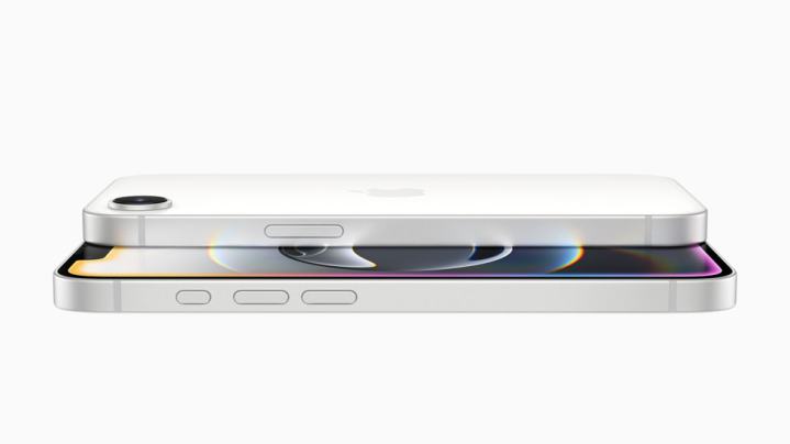 A view of both long edges of the iPhone 16e