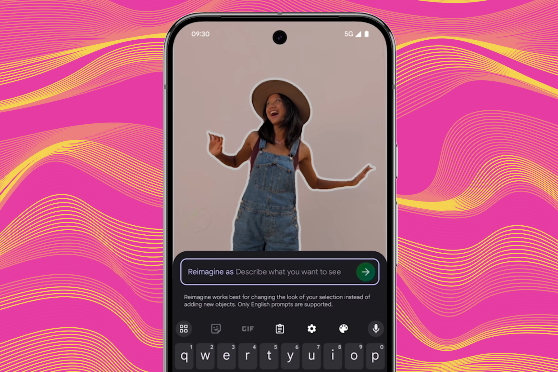 alt: A screenshot of the Reimagine tool in Google Photos on a mobile device, showing the interface for editing images with AI-powered features.