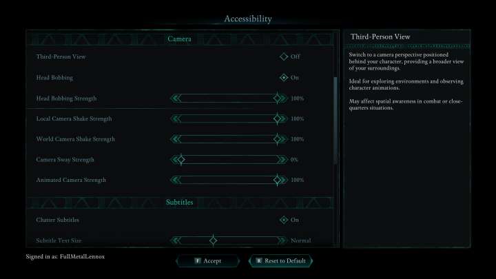 The accessibility menu in Avowed.