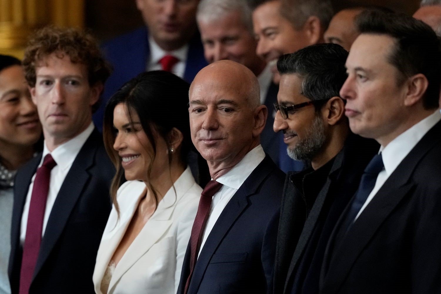 Guests including Mark Zuckerberg, Lauren Sanchez, Jeff Bezos, Sundar Pichai and Elon Musk attend the Inauguration of Donald J. Trump in the U.S. Capitol Rotunda on January 20, 2025 in Washington, DC.