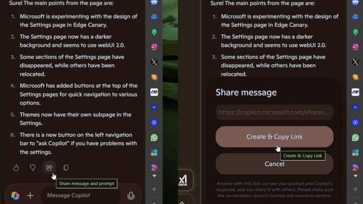 New share link features for Copilot in Edge 