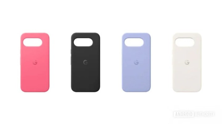 Four phone cases showcasing the potential colors of the Pixel 9a: Porcelain, Obsidian, Iris, and Peony.