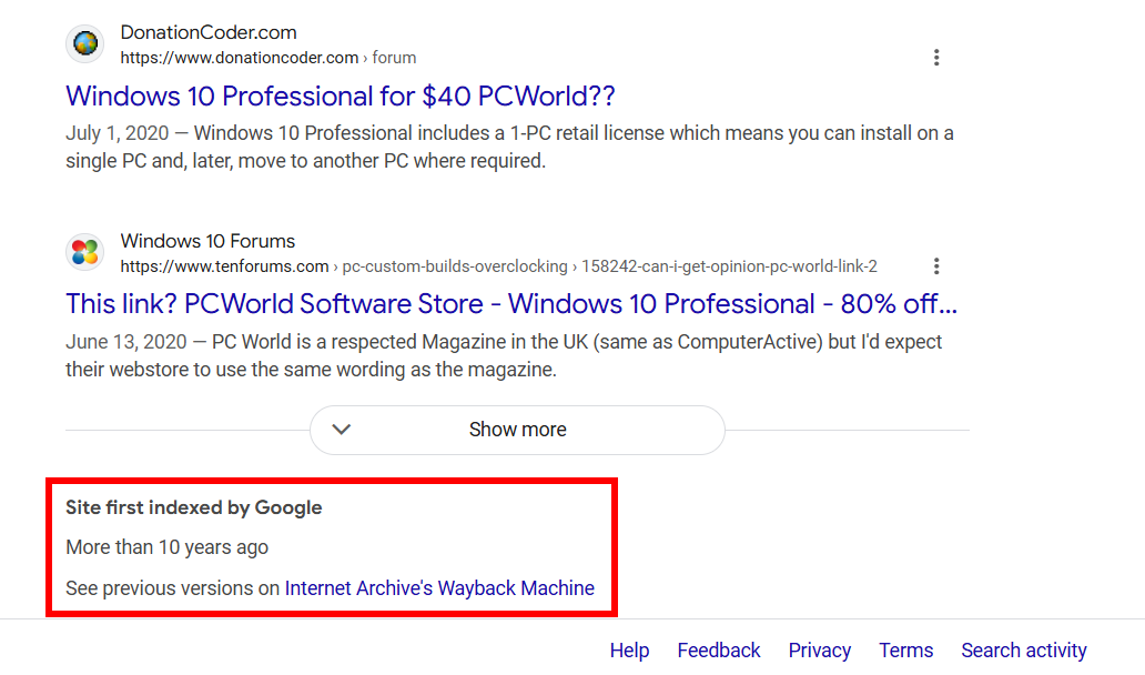 Alt text: Screenshot displaying the "More about this page" option in Google Search results, leading to a link for archived versions on the Internet Archive Wayback Machine.