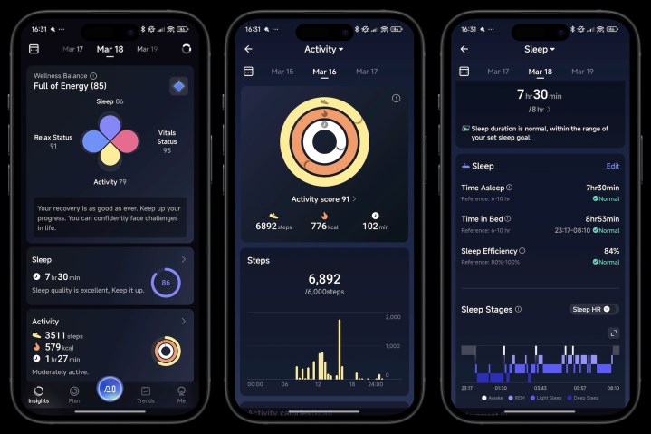 alt: Screenshots from the RingConn app displaying sleep and activity data.