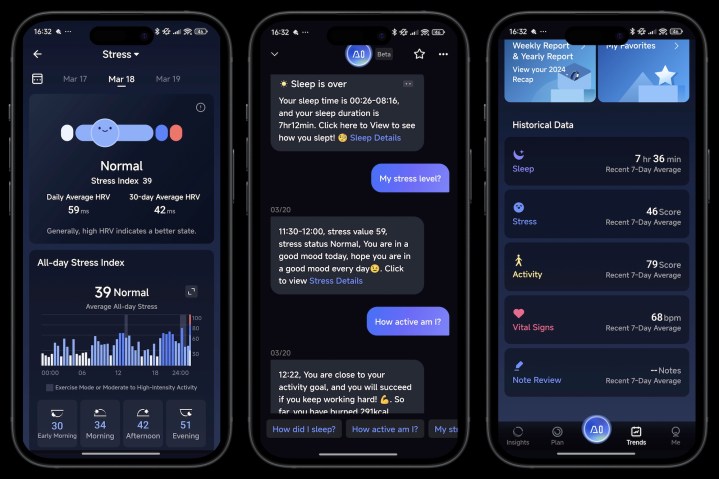 alt: Screenshots from the RingConn app showcasing sleep stage analysis and stress index data.