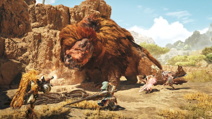 A hunter fighting a fights a beast in monster hunter wilds.