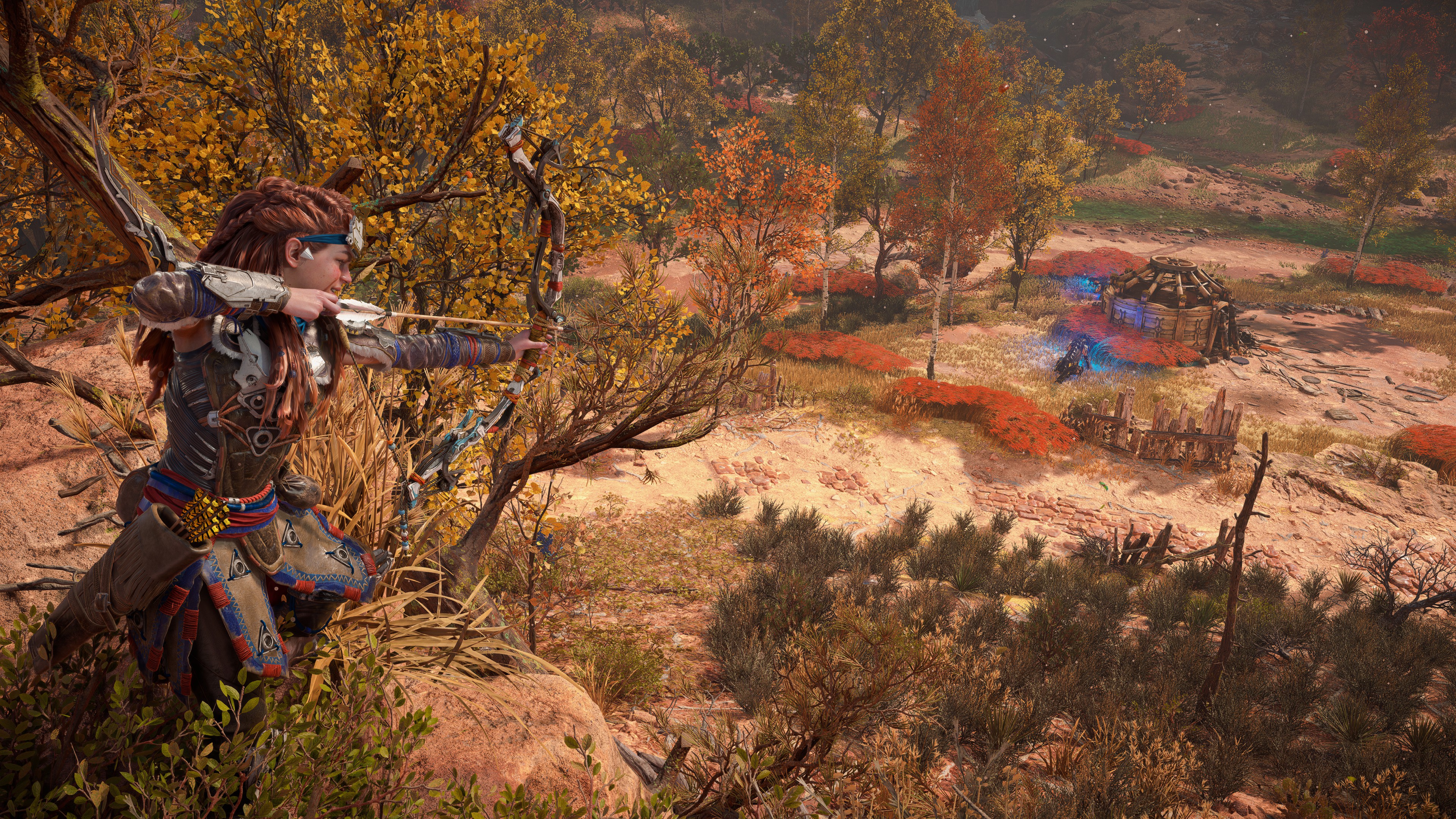 Aloy using a bow and arrow in Horizon Forbidden West