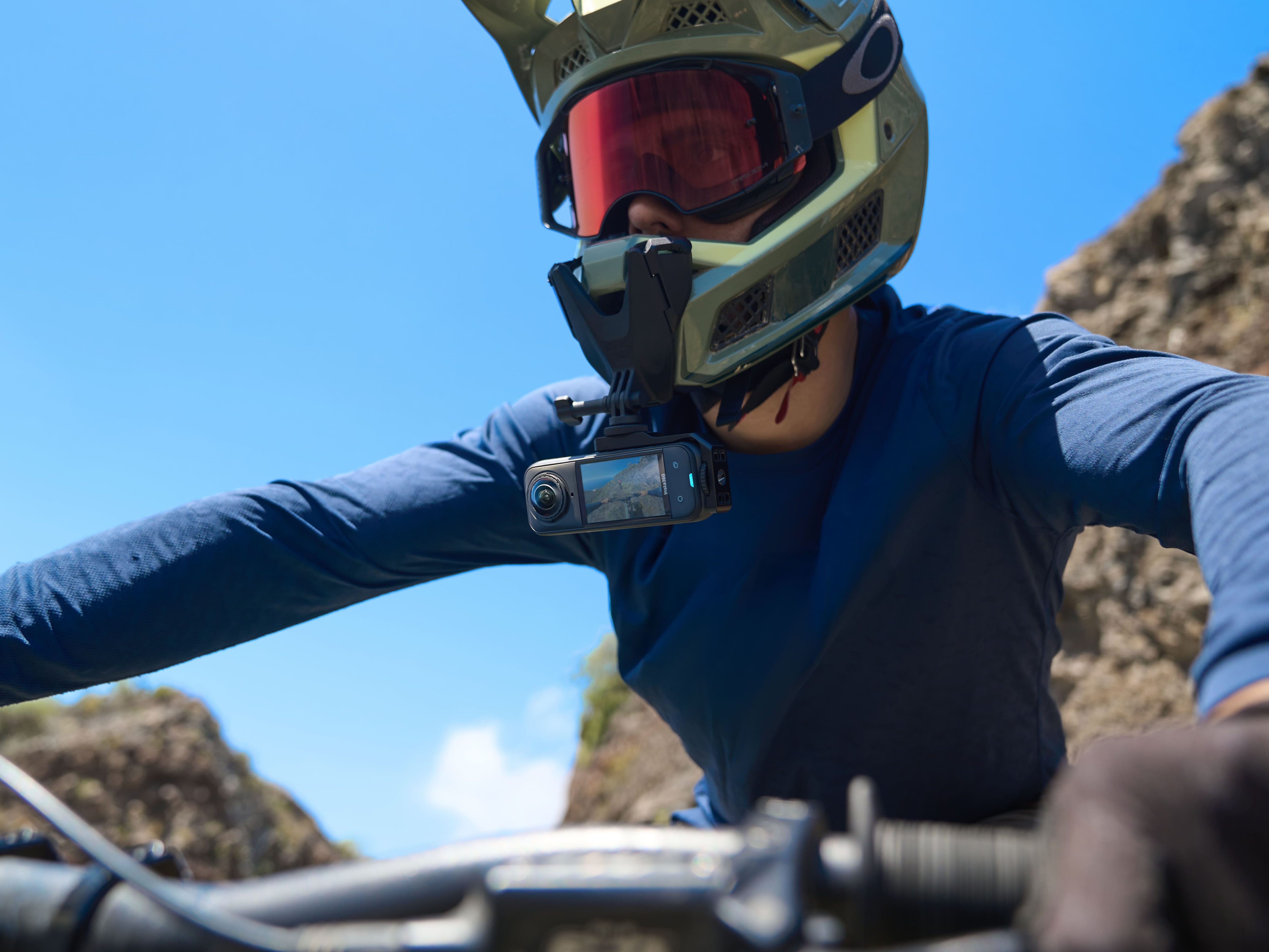 Insta360 X5 attached to a helmet