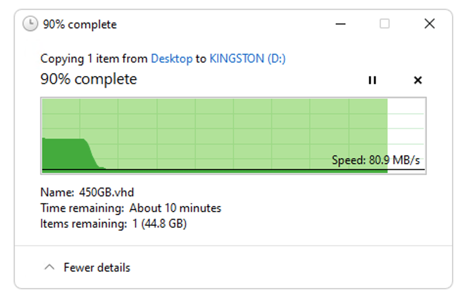 alt text: Graph showing the write speed of the Kingston DataTraveler Max during a large file transfer.  The speed drops significantly after the initial burst write.
