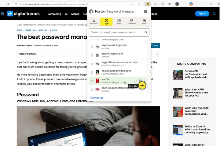 Norton Password Manager shows quick launch and copy buttons on hover.