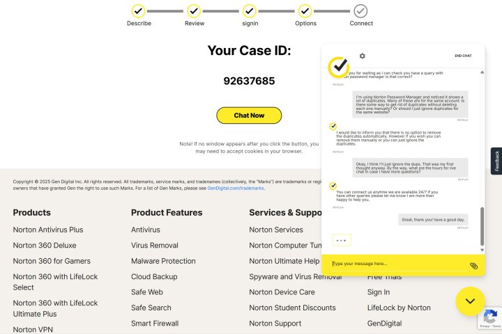 Norton provides live chat support, even for its free password manager.