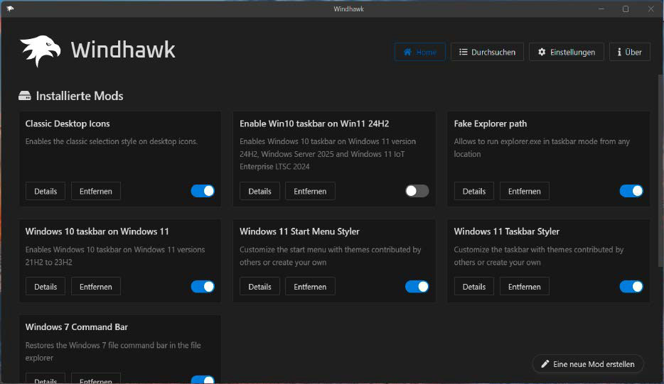 alt text: Windhawk marketplace interface showcasing various mods available for customizing Windows PCs.