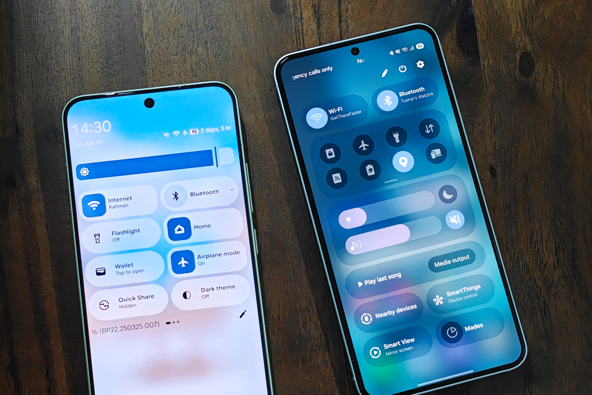 alt: Comparison of the leaked Android redesign's Quick Settings menu with One UI 7 on a Samsung Galaxy S25. Both feature translucent backgrounds and dynamic tiles.