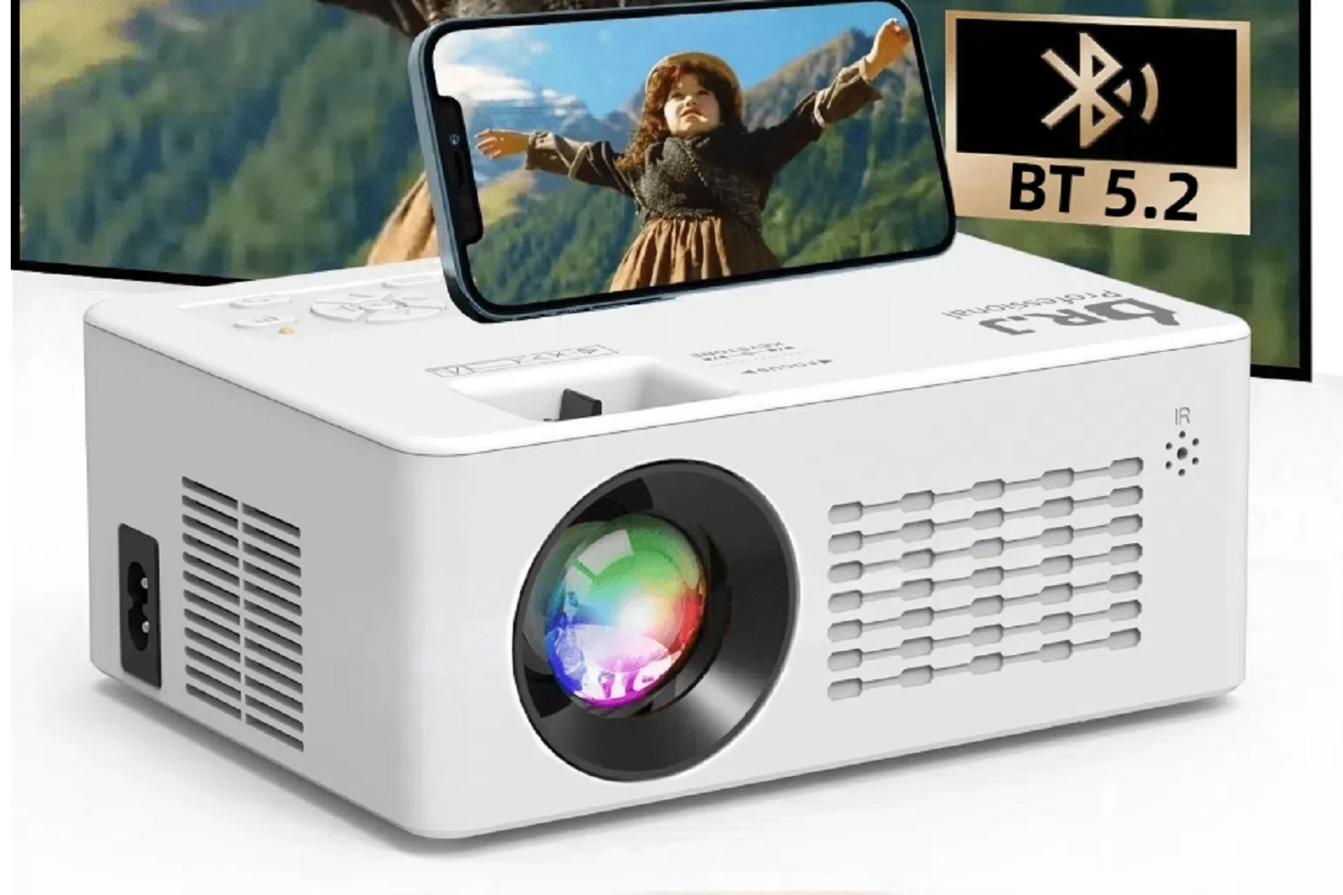 alt: The Dr. J Professional HD projector displaying an image from a connected smartphone.